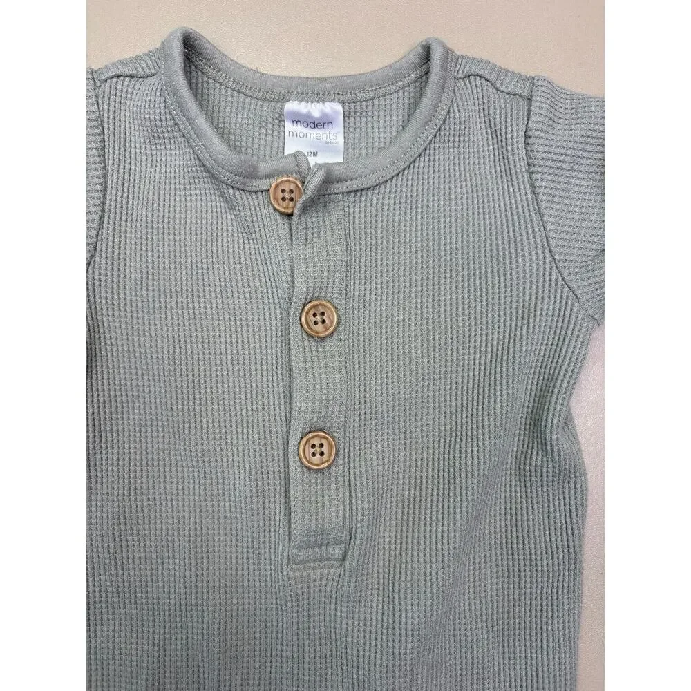 Modern Moments Baby Waffle Knit Henley Romper Sage Green 12M One Piece EUC